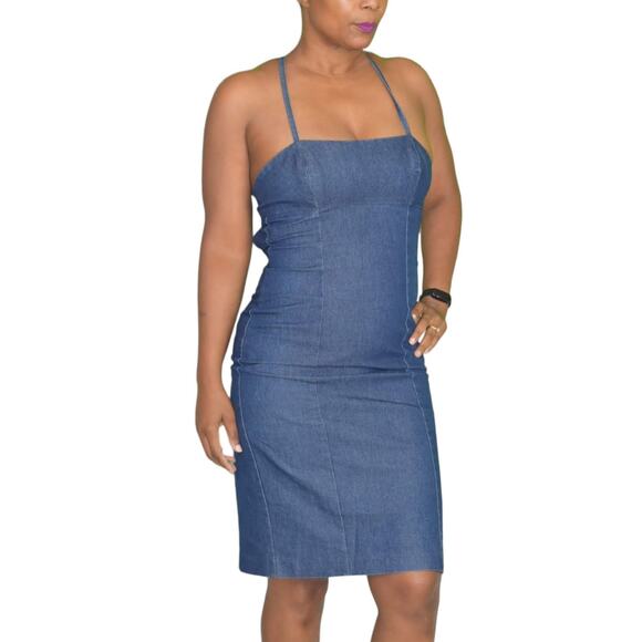 Vintage Guess Denim Dress Blue Jean Bodycon Pencil Halter Back Ties Size Small - Picture 1 of 15
